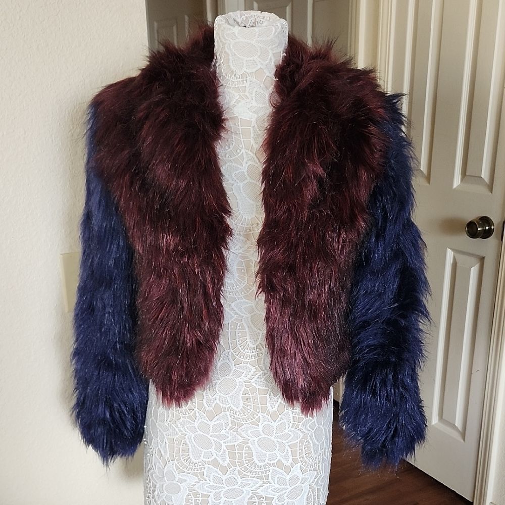 Unreal Fur Looking Color Block Faux Fur Jacket Whimsygoth Mob Wife Size Small